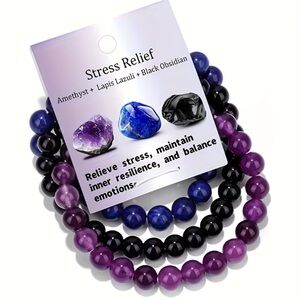 🟣🔵⚫️STRESS RELIEF BRACELET. Amethyst, Lapis Lazuli, & Black Obsidian Bracelets.
